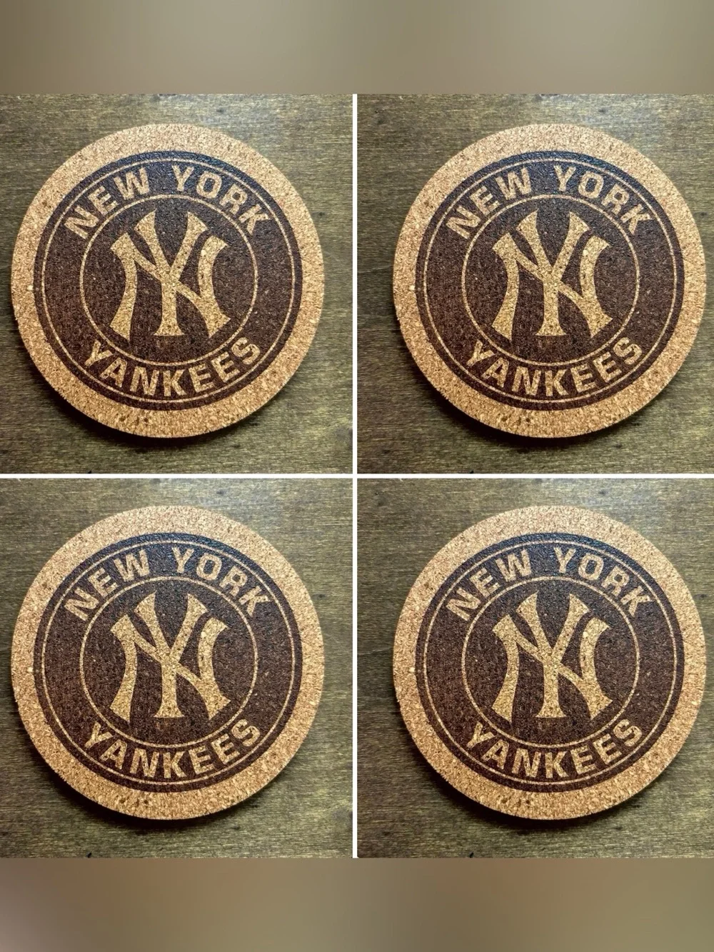 New York Yankees Logo Laser Engraved Cork Coasters Lot of 4